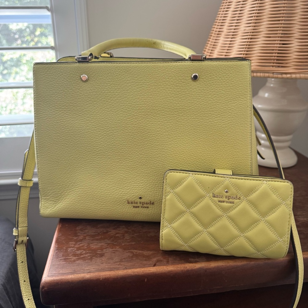 Kate Spade Leather Shoulder Bag and Wallet Set Lemon Lime